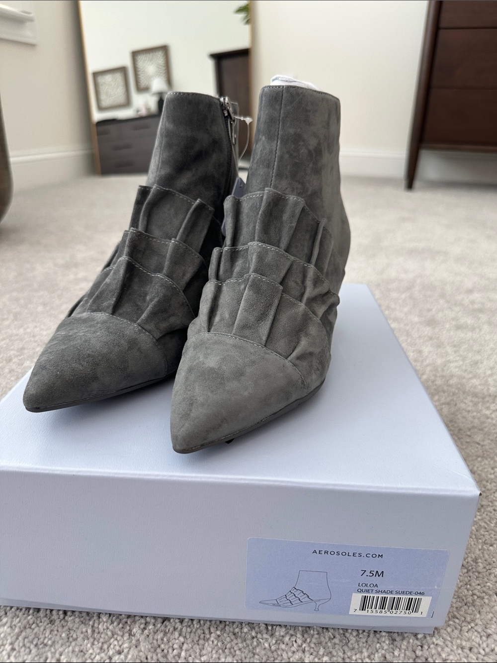 AEROSOLES Gray Suede Ruffle Pointed Ankle Booties